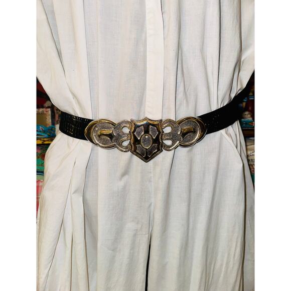 VINTAGE ALEXIS KIRK DESIGNER ALLIGATOR GOLD SILVER BUCKLE ADJUSTABLE SIZE BELT main image 13